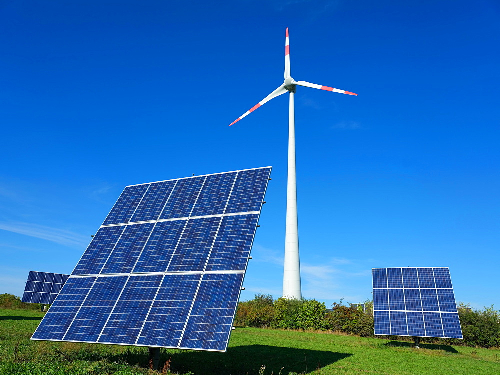 Windmill and photovoltaic system, Black Forest nature park Park Middle-North, drone recording, Alpirsbach, Baden-Wuerttemberg, Germany, Europe