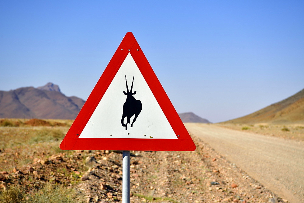 Road sign warns of crossing Oryx antelopes, Namibia, Africa