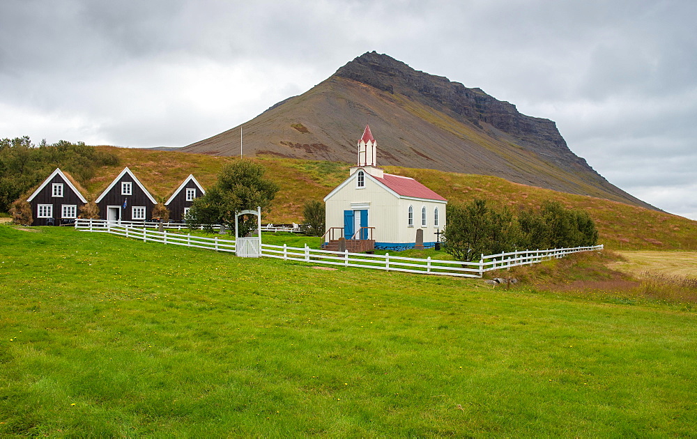 Church and granaries, old vicarage Hrafnseyri, Westfjords, Northwest Iceland, Iceland, Europe