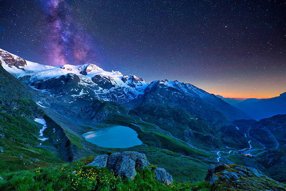 Starry sky with milky way at Sustenpass, Steisee and Gadmental, Canton Bern, Switzerland, Europe