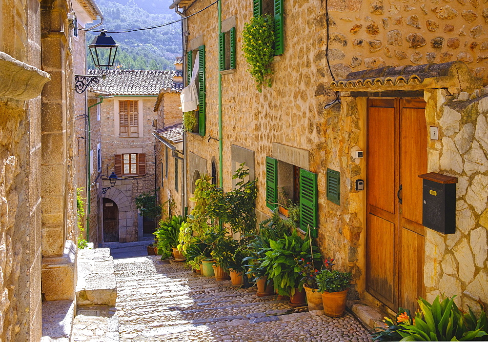 Flowerpots in alley with typical stone houses, Fornalutx, Serra de Tramuntana, Majorca, Balearic Islands, Spain, Europe