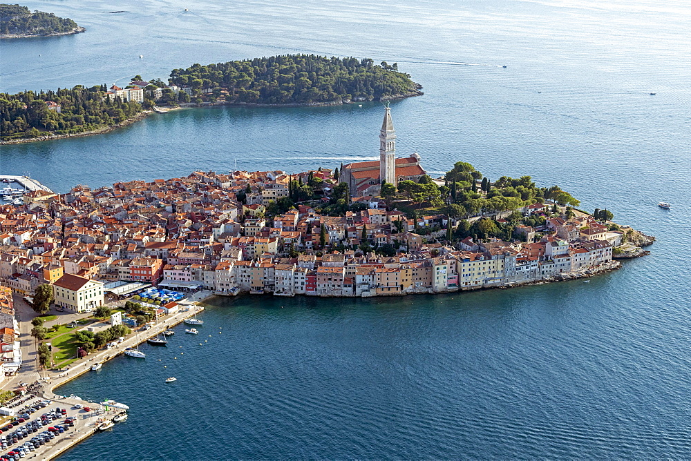 Aerial view of the Old Town of Rovinj, World Heritage Site, Istria, Croatia, Europe