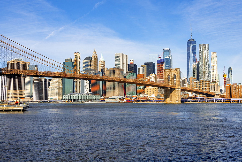 View from Main Street Park over the East River to the skyline of Lower Manhattan with Brooklyn Bridge, Dumbo, Downtown Brooklyn, Brooklyn, New York, USA, North America