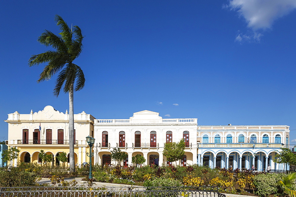 Restored historic buildings at the Parque Cespedes, Bayamo, Cuba, Central America