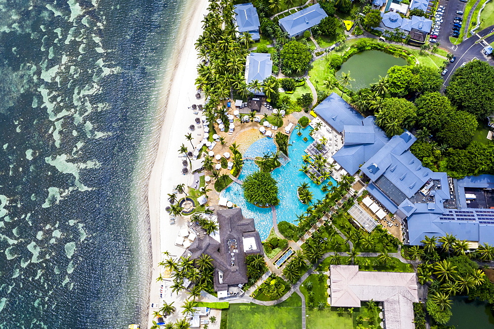 Aerial view, the beach of Flic en Flac with the luxury hotel Sugar Beach Resort & Spa and palm trees, Mauritius, Africa