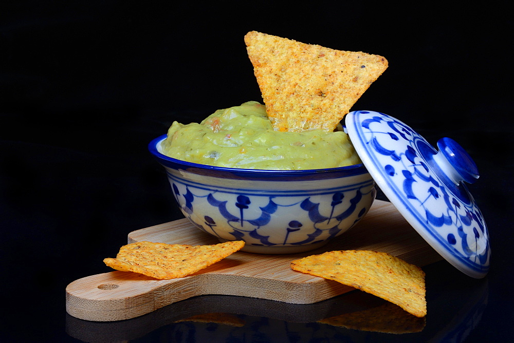 Bowl with guacamole and tortilla chips, Germany, Europe