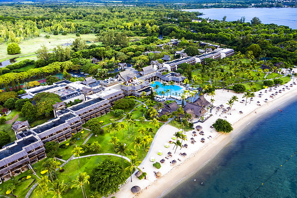 Aerial view, beach in front of the luxury hotel Sofitel Mauritius L'Imperial Resort & Spa, Flic en Flac, Mauritius, Africa