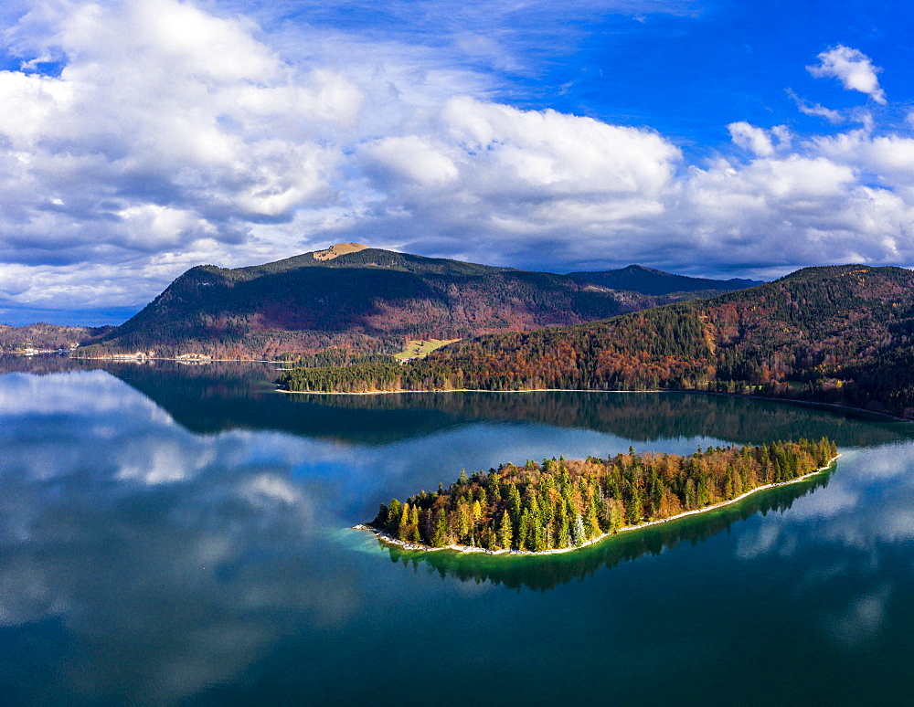 Aerial view, Walchensee, Sassau Island, Upper Bavaria, Bavaria, Germany, Europe