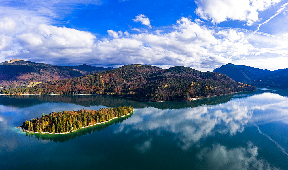 Aerial view, Walchensee, Sassau Island, Upper Bavaria, Bavaria, Germany, Europe