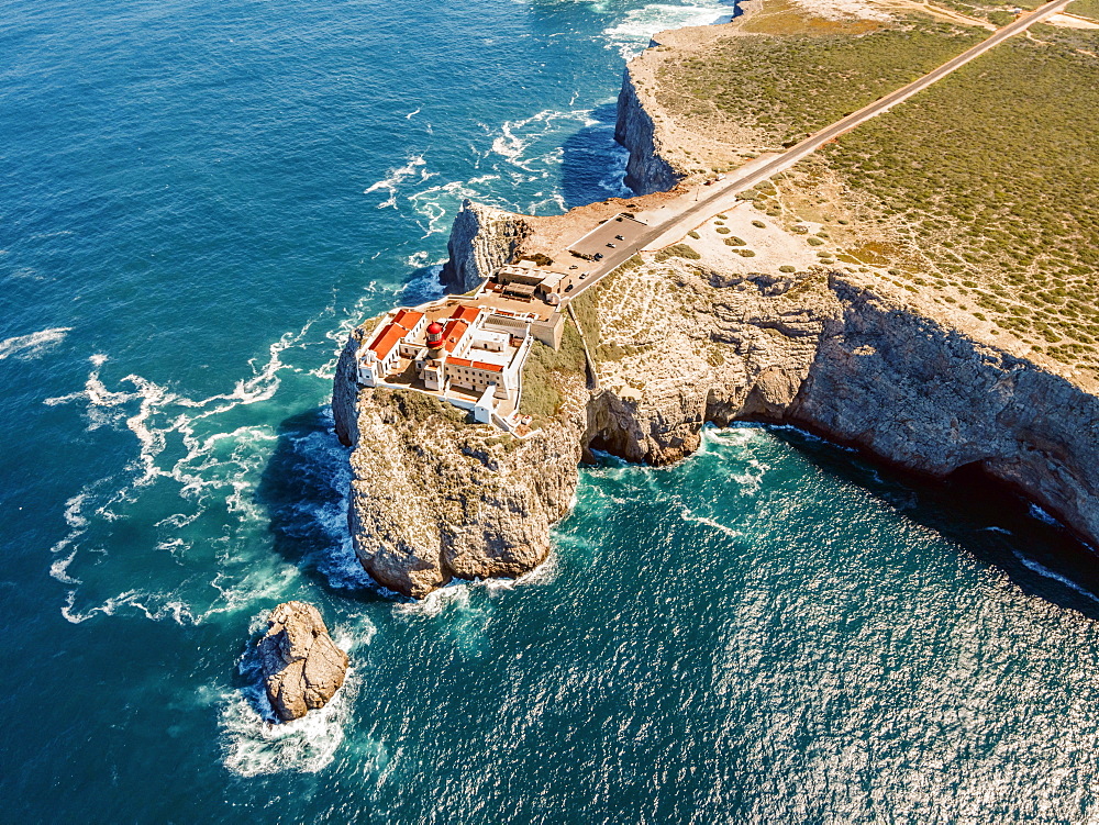 Aerial view, lighthouse on the cliffs, Saint Vincent Cape, Sagres, Algarve, Portugal, Europe