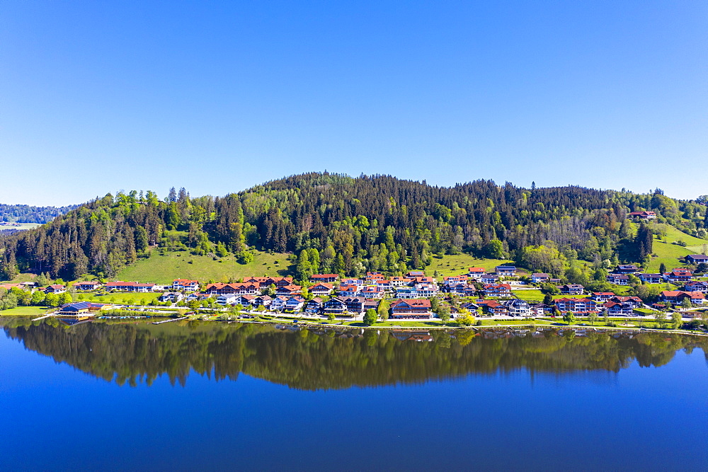 Hopfen am See, Hopfensee, near Fuessen, drone uptake, Ostallgaeu, Allgaeu, Swabia, Alpine foreland, Bavaria, Germany, Europe