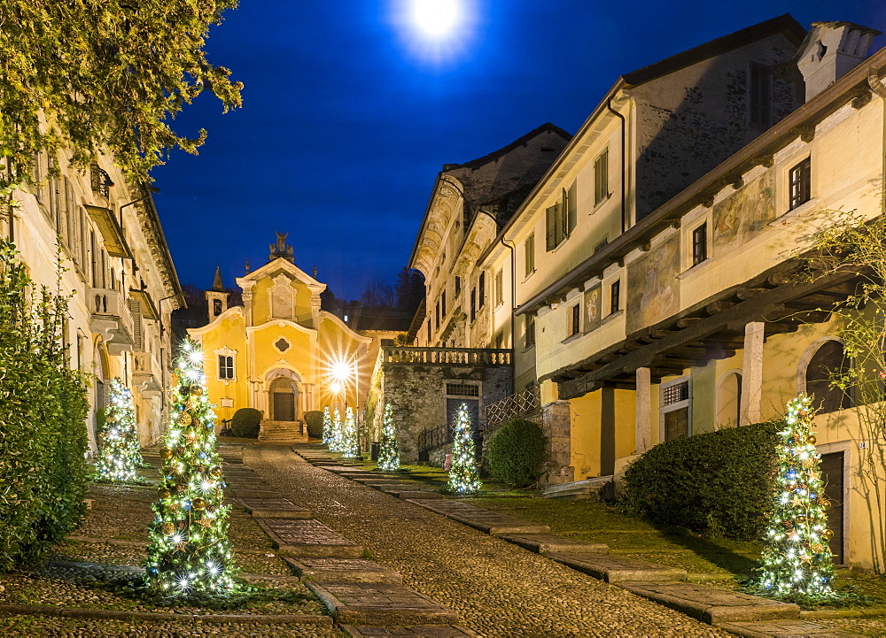 The Via Albertoletti with the Church of Santa Maria Assunta, Orta San Giulio, Lago d'Orta, Province of Novara, Piedmont, Italy, Europe