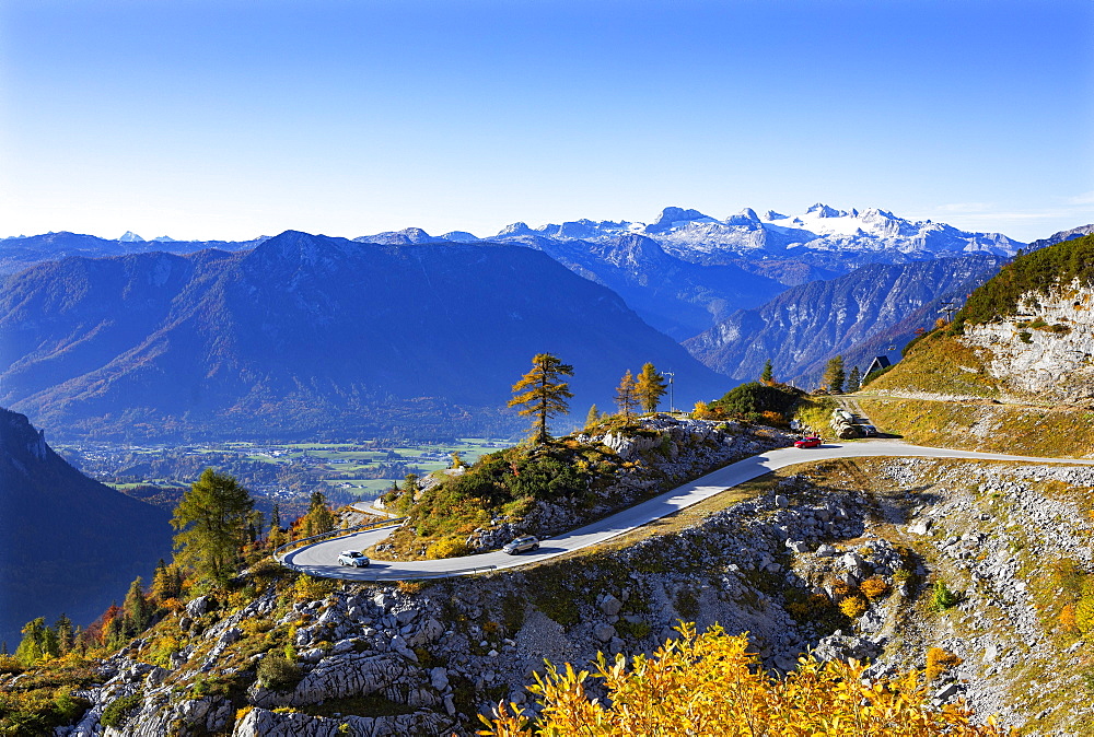 View from the Loser Panoramastrasse into the Ausseerland and to the Dachstein, Altaussee, Salzkammergut, Steiermarkt, Austria, Europe