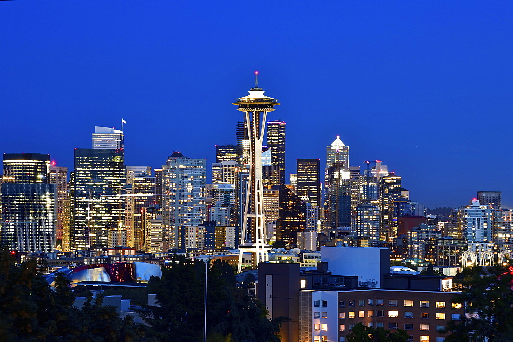 Night shot Skyline Financial District Seattle with Space Needle, Washington, United States of America, USA, North America