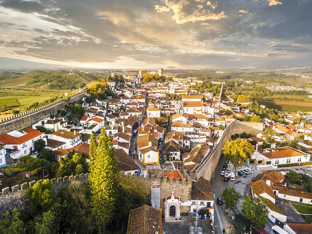 Aerial view of Obidos with historic city wall, district of Leiria, Portugal, Europe