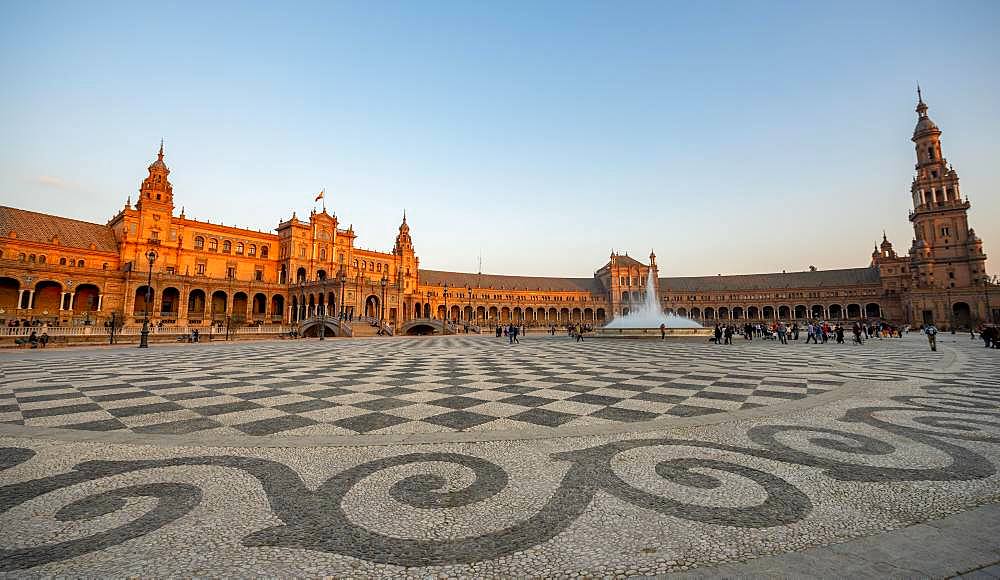 Artistically paved floor, Plaza de Espana in the evening light, Sevilla, Andalusia, Spain, Europe