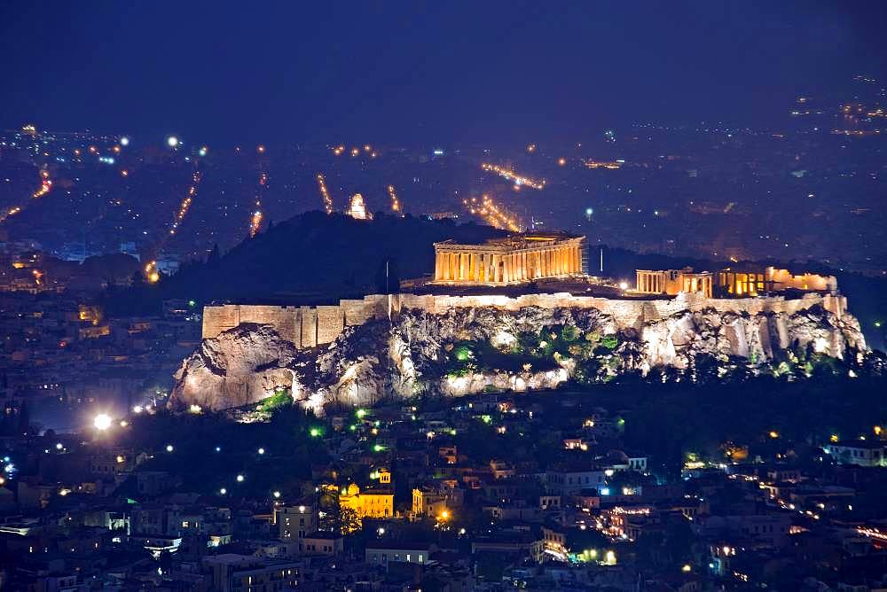 Acropolis in the night-time setting, panoramic view, Athens, Greece, Europe