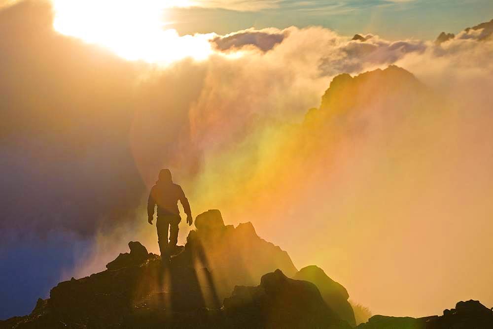 A man walking a mountain ridge against the background of the rising sun, Tatra National Park, Poland, Europe