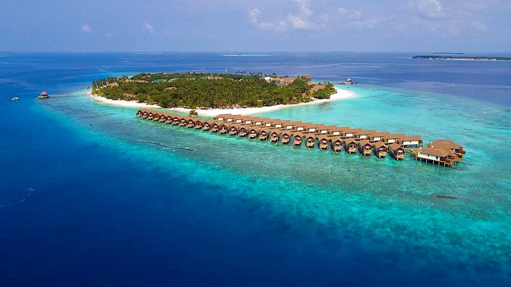 Bird's eye view, view of Maldives island with bungalows on stilts in lagoon, Filaidhoo, Raa Atoll, Maldives, Asia