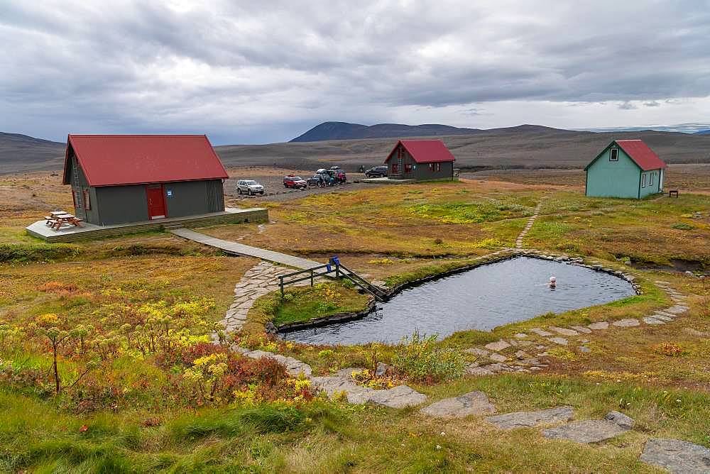 Laugafell highland huts with geothermal heated bath, near highland road Sprengisandur, highlands, Iceland, Europe