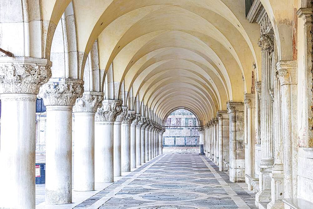 Arcades in the Doge's Palace empty of people due to the Corona pandemic, Venice, Veneto, Italy, Europe