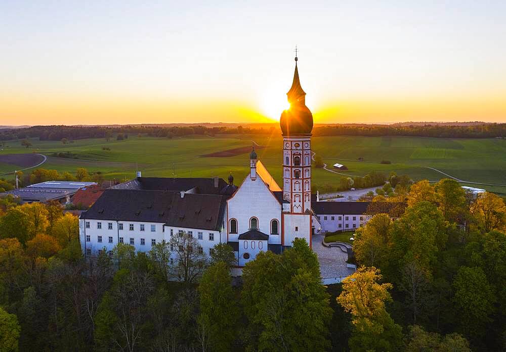 Monastery Andechs at sunrise, Fuenfseenland, Pfaffenwinkel, drone picture, Upper Bavaria, Bavaria, Germany, Europe