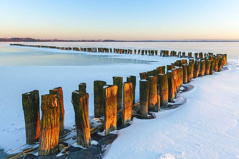 Ice on the frozen dolmen in winter, Lembruch, Lower Saxony, Germany, Europe