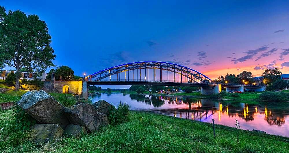 Evening mood at the Weser, illuminated bridge, sunset, Rinteln, Germany, Europe