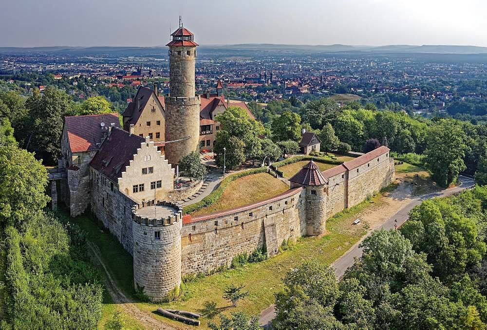 Altenburg, medieval hilltop castle at 400m, landmark of Bamberg, first documented in 1109, aerial view, Bamberg, Steigerwaldhoehe, Upper Franconia, Franconia, Germany, Europe