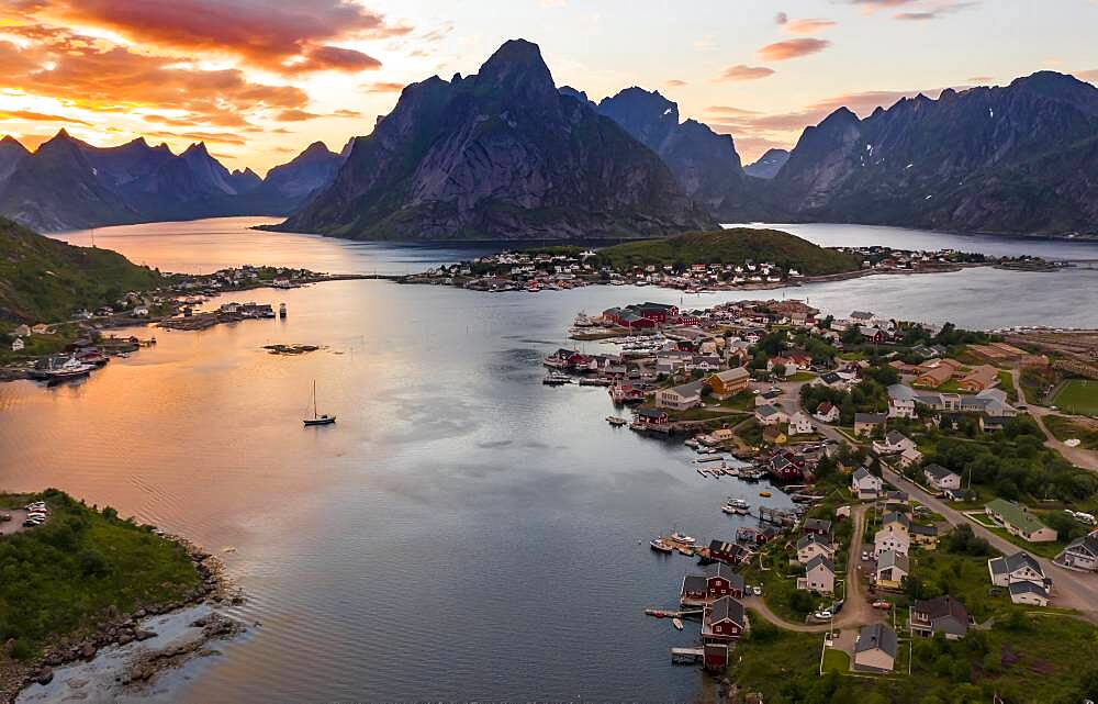 Aerial view, sunset at Reinefjord with mountains, view of Reine, Lofoten, Nordland, Norway, Europe