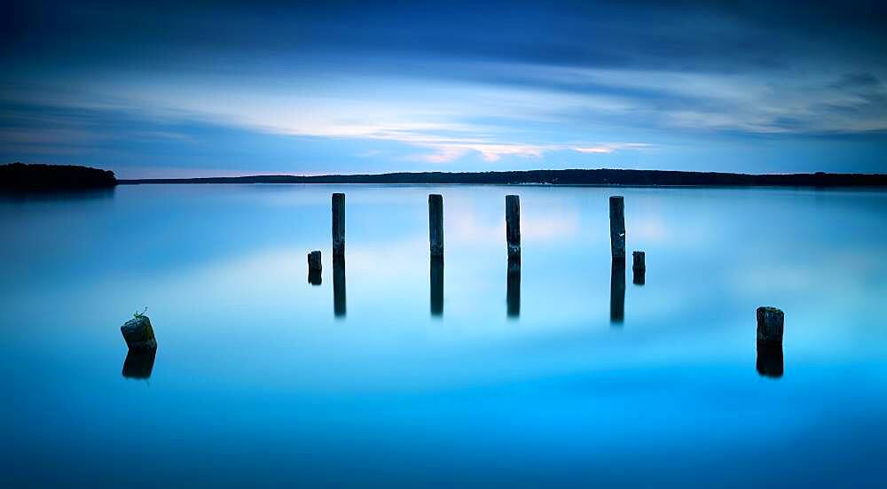 Dusk at the Mueritz, Posts in the water, Rechlin, Mecklenburg-Vorpommern, Germany, Europe