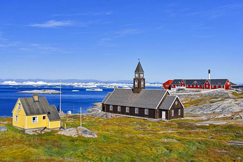 Zion Church and Hospital in Disko Bay, Ilulissat, West Greenland, Greenland, North America