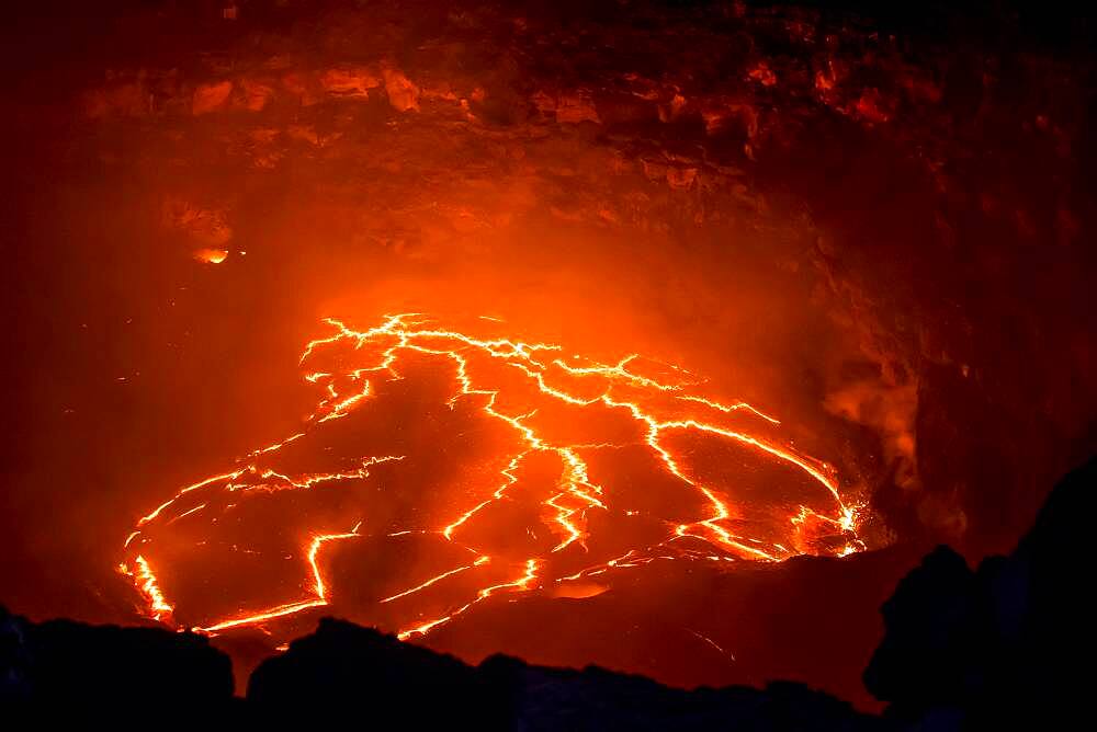 Glowing active lava lake, Erta Ale shield volcano, Danakil depression, Afar region, Ethiopia, Africa