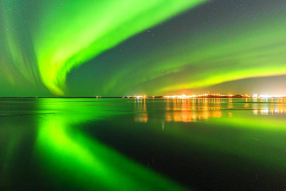 Northern Lights near Borganes, Borgarfjoerour, Vesturland, Iceland, Europe