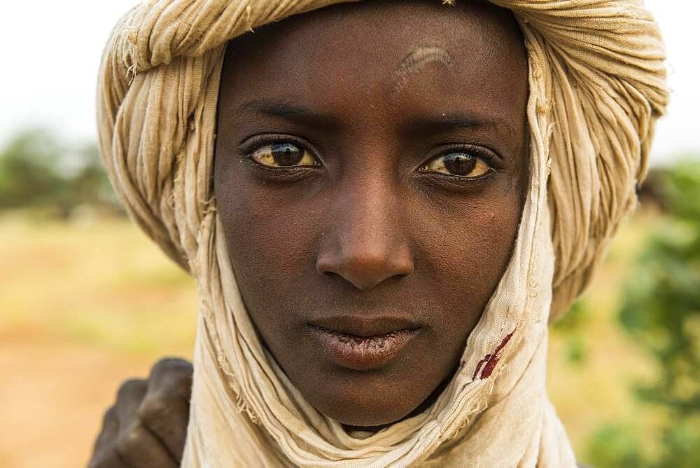 Young Peul man, Gerewol festival, courtship ritual competition among the Fulani ethnic group, Niger, Africa