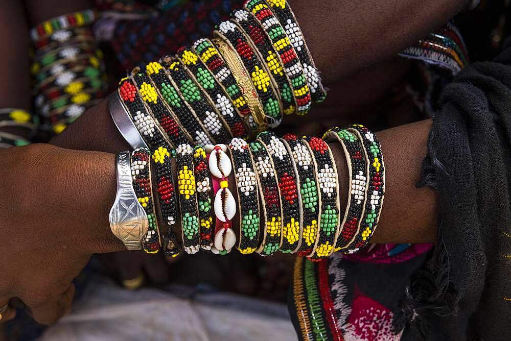 Close up of the bracelets, Gerewol festival, courtship ritual competition among the Woodaabe Fula people, Niger, Africa