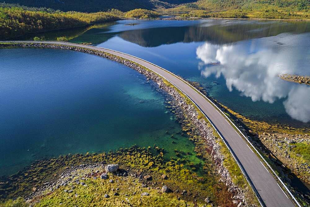 Lonely country road crossing a fjord, Lodingen, Nordland, Lofoten, Norway, Europe