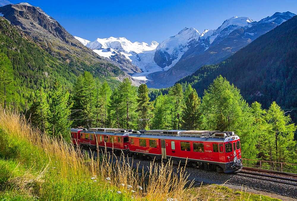 Train of the Bernina line over the Morteratsch valley with Bellavista, Piz Bernina and Morteratsch glacier, Pontresina, Bernina Alps, Upper Engadine, Engadine, Grisons, Switzerland, Europe