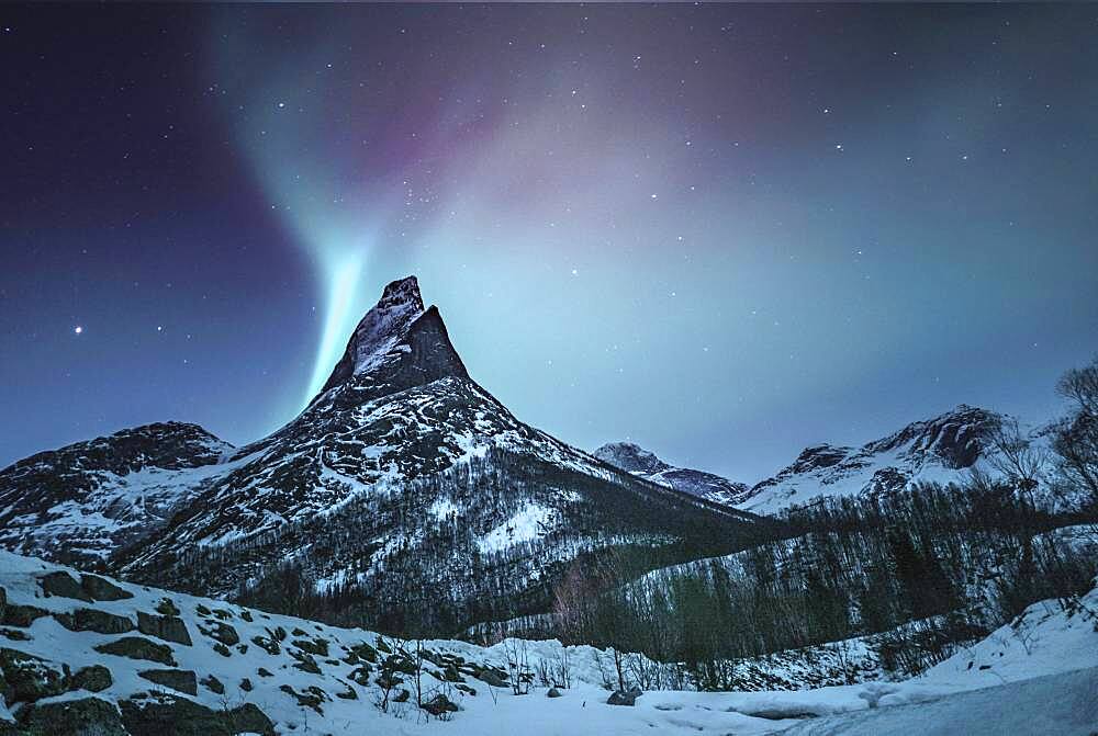 Mountain peak (Aurora borealis) Stetind, arctic winter landscape, night view, starry sky, northern lights Northern Lights, Stetinden, Nordland, Norway, Europe