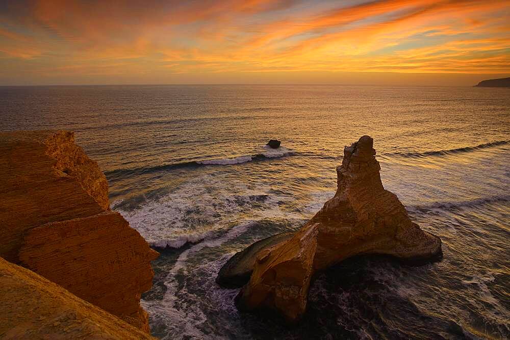 Evening mood over the rock Catedral at Playa Supay, Paracas National Reserve, Paracas, Ica Region, Peru, South America