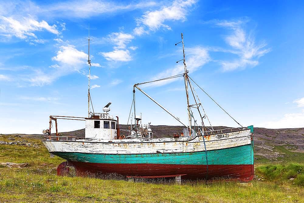 Shipwreck in barren landscape, Hnjotur, Egill Olafsson Museum, Oerlygshoefn, Patreksfjoerour, Patreksfjoerdur, Vestfiroir, Westfjords, Iceland, Europe