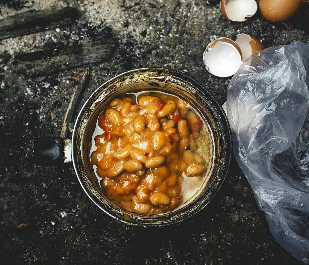 Canned beans, meal in a shelter of a refugee, Belgrade, Serbia, Europe