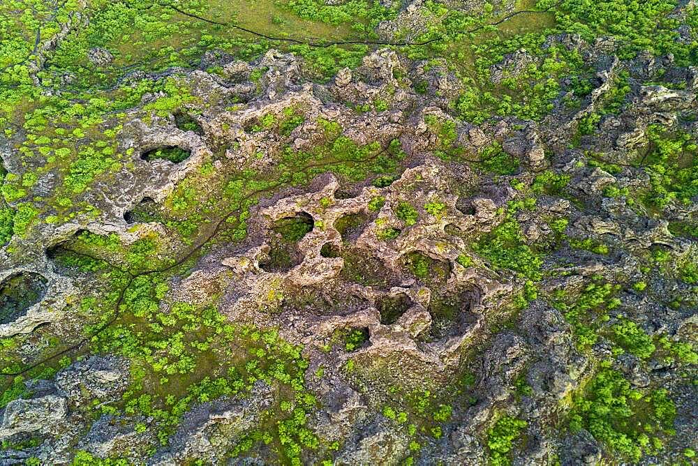 Aerial view of the lava field Dimmuborgir, Skutustaoir, Norourland eystra, Iceland, Europe