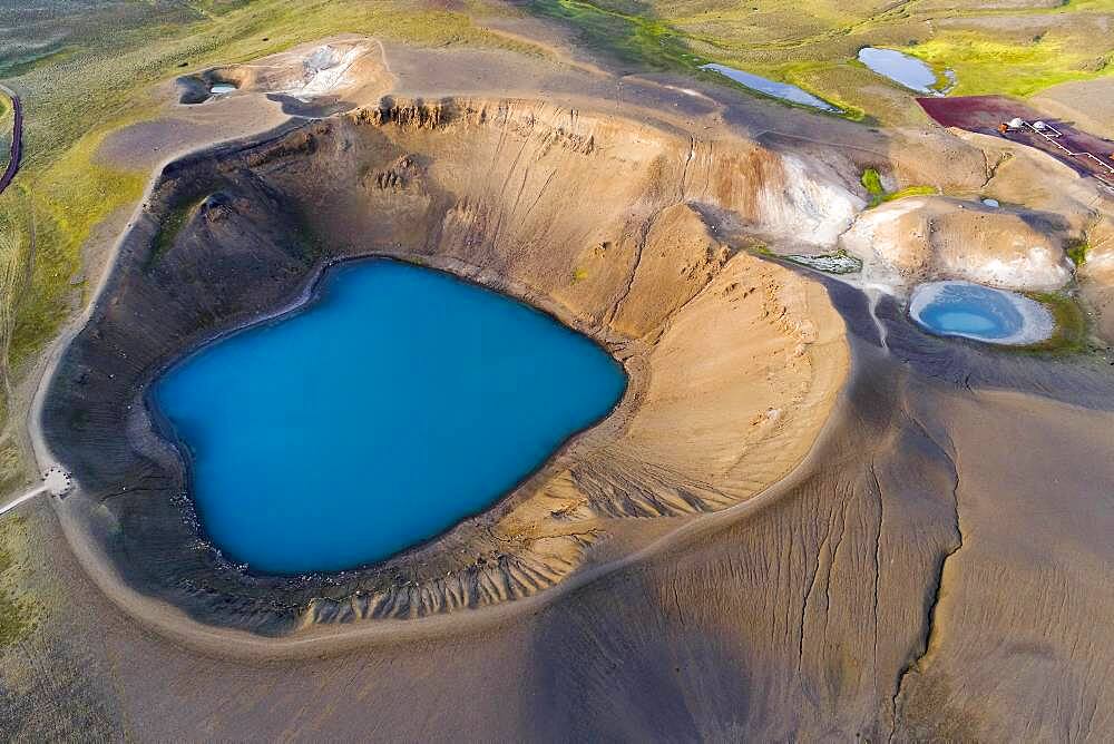 Aerial view of blue lake in the Viti volcano crater at Krafla power plant, Myvatn region, Skutustaoir, Norourland eystra, Iceland, Europe