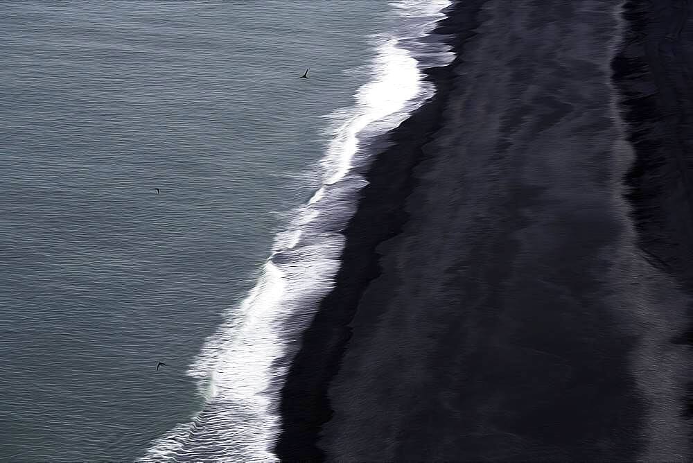 View from above on waves at the shore, black lava beach at the North Atlantic, motion blur, Cape Dyrholaey, Vik i Myrdal, Southern Iceland, Iceland, Europe