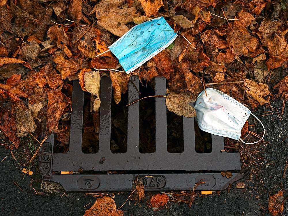 Discarded respirators, street, autumn leaves, Schliersee, Bavaria, Germany, Europe