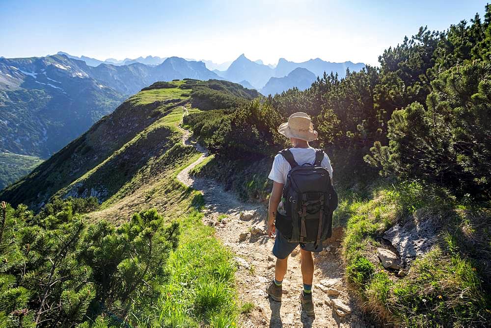 Mountaineer, hiker on the hiking trail to the Baerenkopf, in the back ridge Stanser-Joch-Kamm and summit Sonnjoch and Schaufelspitze, Karwendel, Tyrol, Austria, Europe