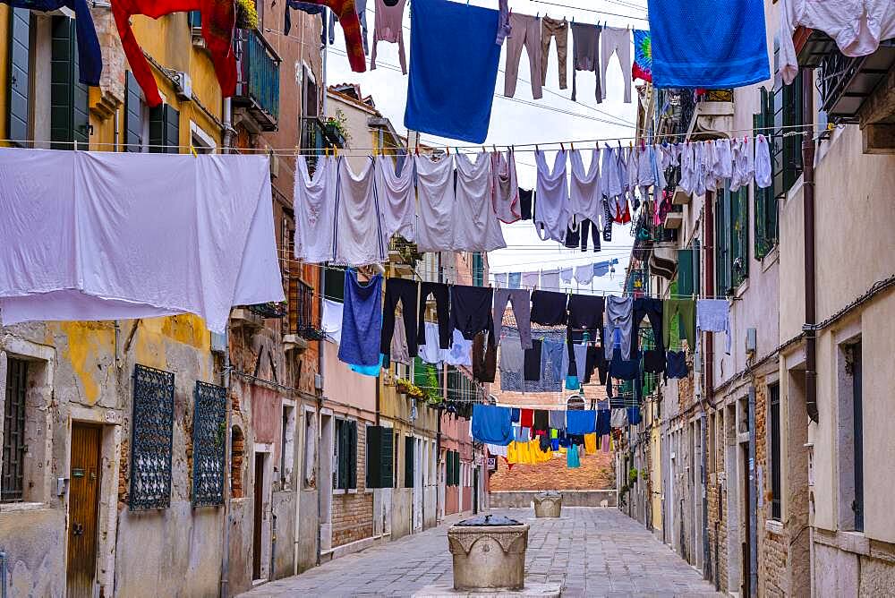 Clotheslines stretched between houses, Castello/Giardini district, Venice, Veneto, Italy, Europe