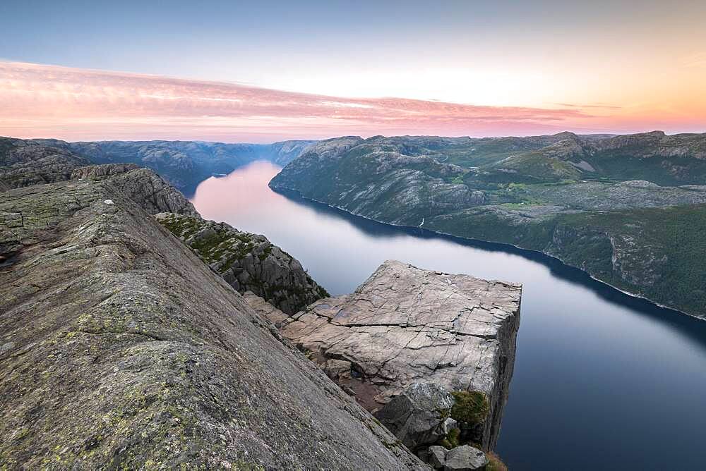 Rock Pulpit Preikestolen at the Lysefjord, evening mood, Rogaland, Norway, Europe