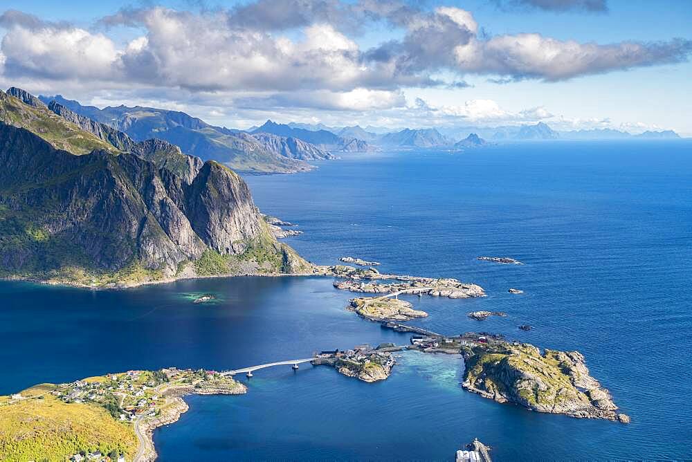 View from Reinebringen mountain to the fishing village Hamnoy, fjord with islands and mountains, Reinefjord, Lofoten, Norway, Europe